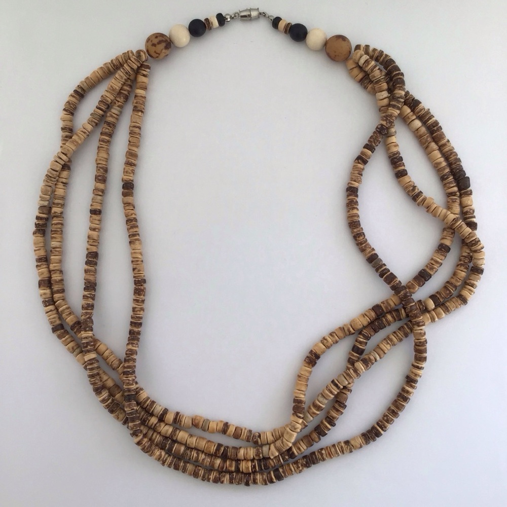 Multi Strand Coconut Shell Heishi Bead Necklace 24” Boho Natural Beige & Browns